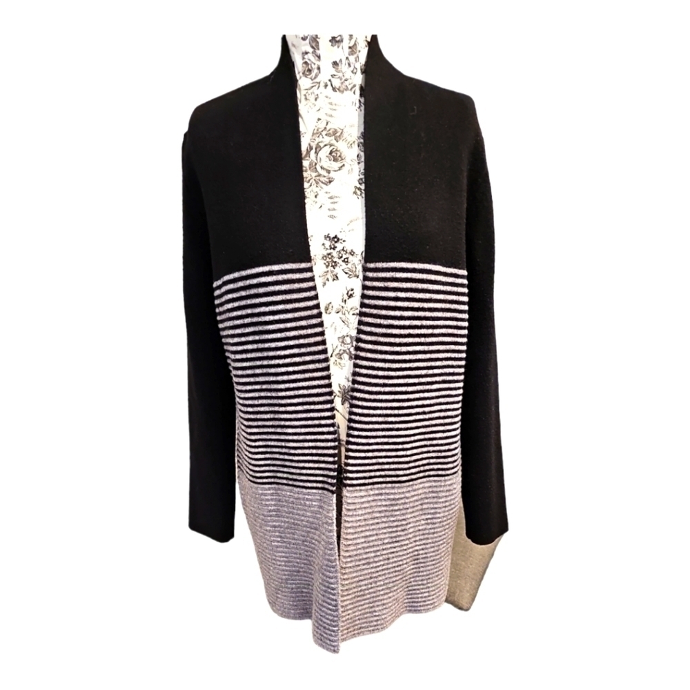 ELLE Black & Gray Open Front Long Color block Cardigan Sweater sz S - Picture 2 of 12